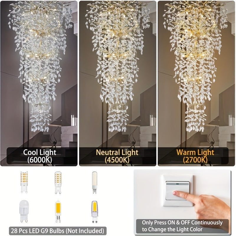 118 Inch Crystal Chandelier, Suitable For High Ceilings, Silvery And Golden Branch Chandeliers, Modern Large Chandeliers, Staircase Decoration, Lobby Decoration, Entrance And Living Room Decoration, 28 Lamp Luxury Chandelier