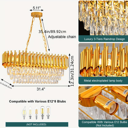 Modern Crystal Chandeliers for Dining Room 8-Light Golden Crystal Chandelier Living Room Oval Contemporary Ceiling Hanging Light Pendant Light Fixture for Kitchen Island Bar Restaurant L32in