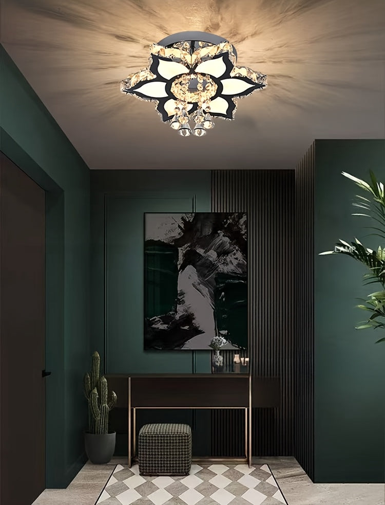 Modern Light Luxury Crystal Ceiling Lamp with a Square/Flower Shape, Featuring LED Three-Color Dimming, Suitable for Bedrooms, Living Rooms, Dining Rooms, Studies, Walk-In Closets, And Hallways. It Is Adaptable for Various In