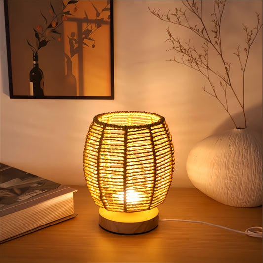 [Modern Table Lamp] 1pc Modern Handwoven Table Lamp | Traditional Wicker Style Bedside Light with Wooden Base, Three-Tone Dimming, USB-Powered, Suitable for Bedroom, Living Room, Study, Dining Room Decorative Ambient Lighting