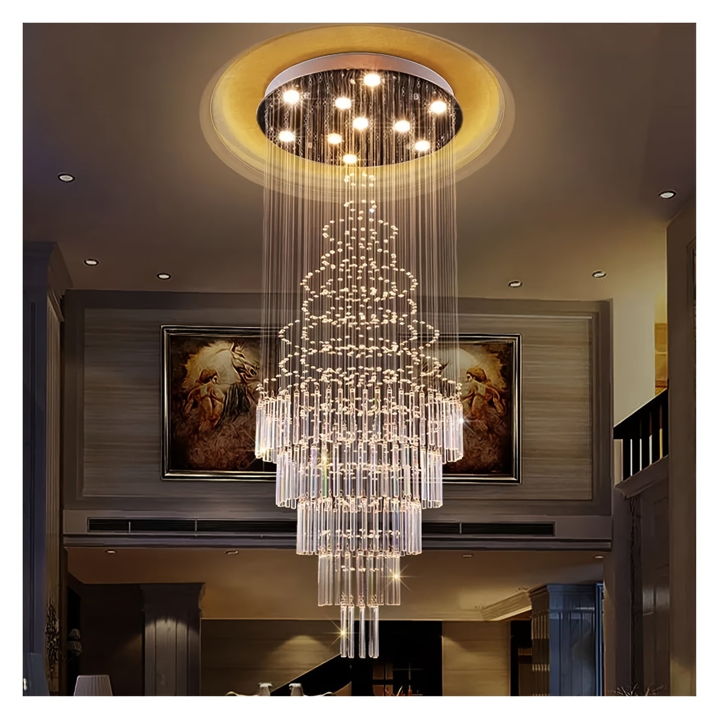 31.5" Modern Crystal Chandelier with Cascading Layers - Large Statement Light Fixture for High Ceiling Living Room, Dining Room, Luxury Home - Cool White & Golden/Black Crystal Design, Semi-Recessed Installation, Bulbs Includ