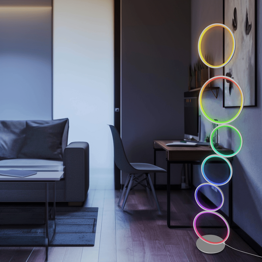 RGBCW 2700K-6500K Circular Modern Floor Lamp, LED Floor Lamp for Living Room, Dimmable, Tall Reading Desk Light Decoration, Circle Standing Lamp, Unique Lamp for Bedroom, Office, Home