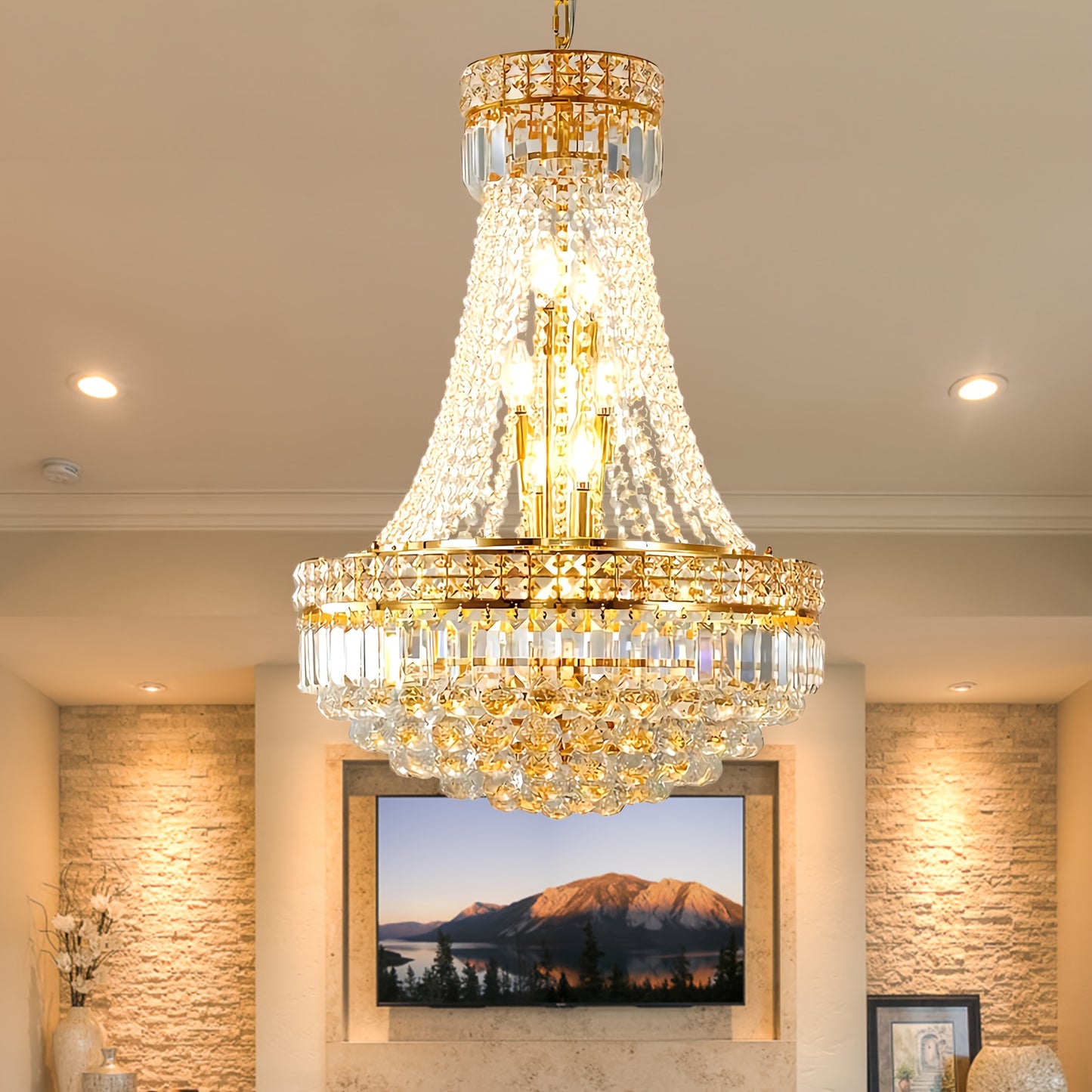 Modern Crystal Chandelier Golden Empire Chandelier 13-Light Christmas K9 Crystal Ceiling Chandelier Light Fixture For Living Room Dining Room Foyer
