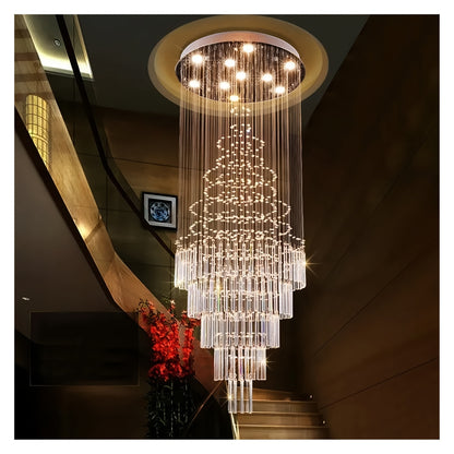 31.5" Modern Crystal Chandelier with Cascading Layers - Large Statement Light Fixture for High Ceiling Living Room, Dining Room, Luxury Home - Cool White & Golden/Black Crystal Design, Semi-Recessed Installation, Bulbs Includ