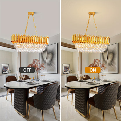 Modern Crystal Chandeliers for Dining Room 8-Light Golden Crystal Chandelier Living Room Oval Contemporary Ceiling Hanging Light Pendant Light Fixture for Kitchen Island Bar Restaurant L32in