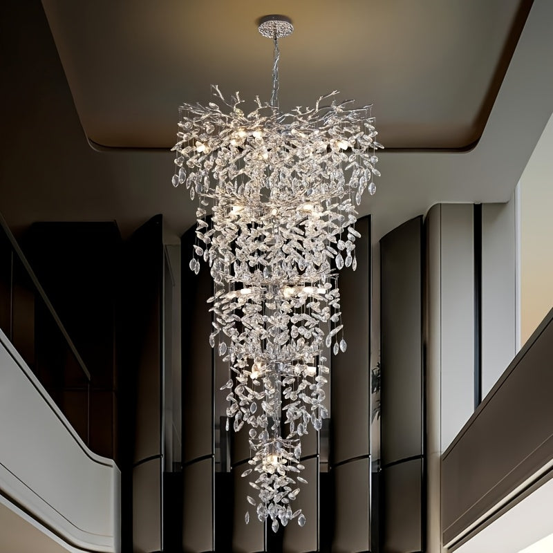 118 Inch Crystal Chandelier, Suitable For High Ceilings, Silvery And Golden Branch Chandeliers, Modern Large Chandeliers, Staircase Decoration, Lobby Decoration, Entrance And Living Room Decoration, 28 Lamp Luxury Chandelier