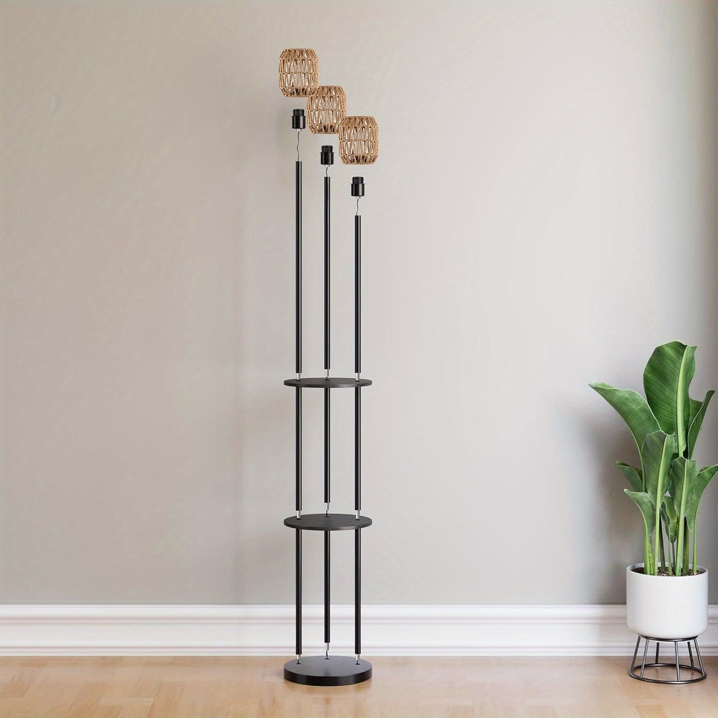 70" Boho Floor Lamp, Dimmable Rattan Floor Lamp with Shelves, 3 Lights Rustic Tall Lamps with Rotary Switch, Farmhouse Standing Lamps for Living Room, Bedroom, Office (Includes 3 Bulbs)