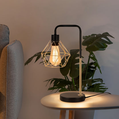 Industrial Golden Bedside Desk Lamps With Metal Diamond Shape Lampshade, Coffee Table Study Desk, Vintage Table Lamp Reading Lamp For Office Desk Master Bedroom Living Room And College Dorm