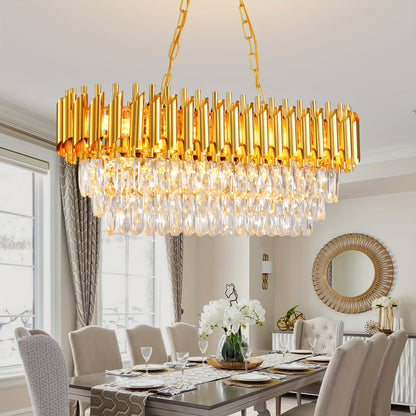 Modern Crystal Chandeliers for Dining Room 8-Light Golden Crystal Chandelier Living Room Oval Contemporary Ceiling Hanging Light Pendant Light Fixture for Kitchen Island Bar Restaurant L32in
