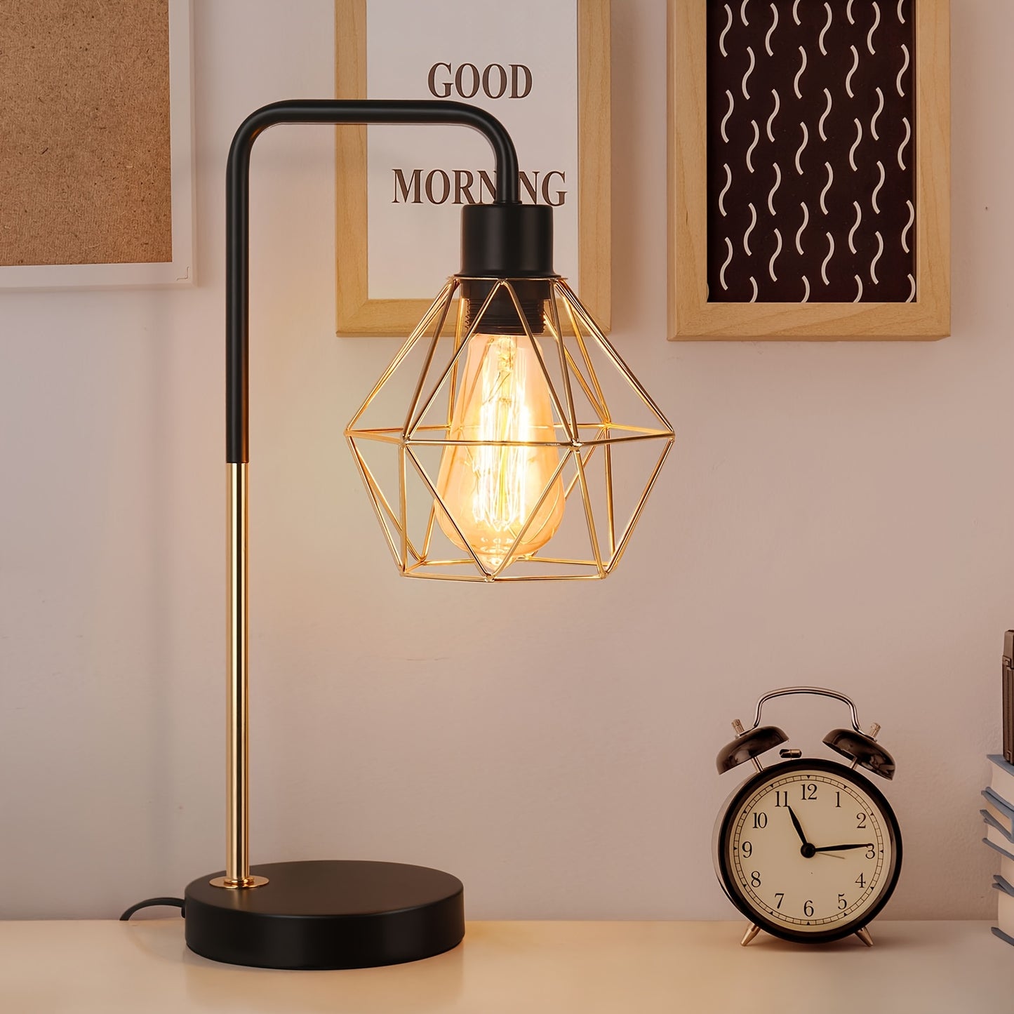 Industrial Golden Bedside Desk Lamps With Metal Diamond Shape Lampshade, Coffee Table Study Desk, Vintage Table Lamp Reading Lamp For Office Desk Master Bedroom Living Room And College Dorm