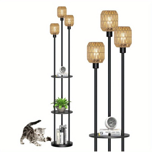 70" Boho Floor Lamp, Dimmable Rattan Floor Lamp with Shelves, 3 Lights Rustic Tall Lamps with Rotary Switch, Farmhouse Standing Lamps for Living Room, Bedroom, Office (Includes 3 Bulbs)