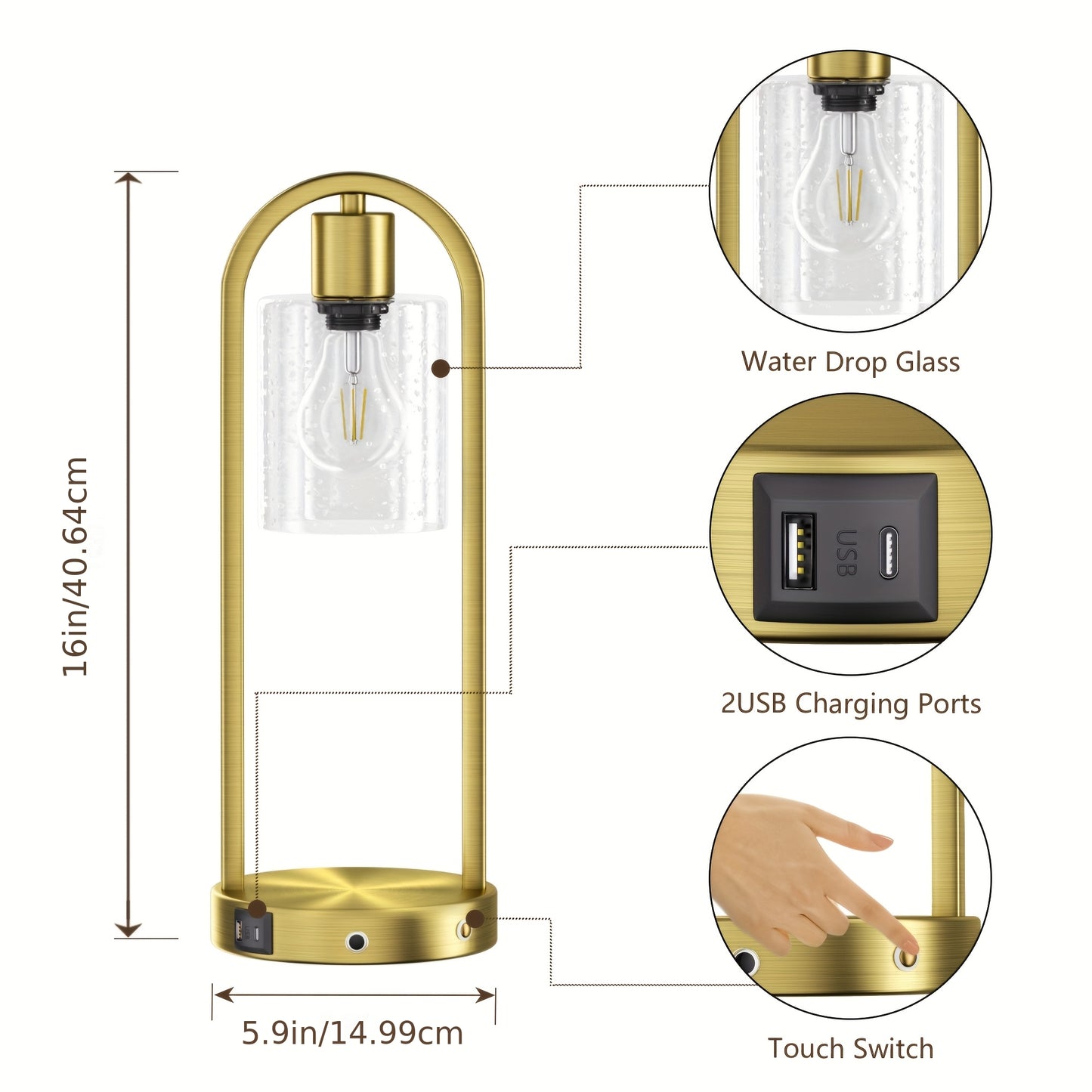 2 - Pack Modern Table Lamp With USB Charging Ports, Golden/Black Touch Control Bedside Lamp(Wireless Charging Is Not Included), Industrial - Style Table Lamp With Water Drop Glass Shade, Perfect For Bedroom, Living Room, Offi