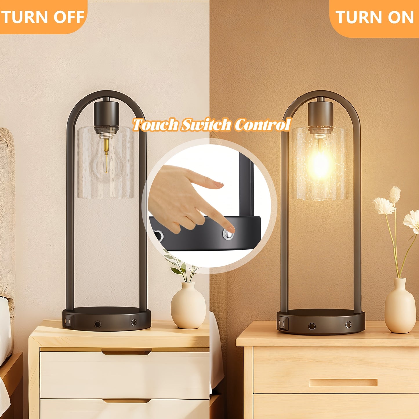 2 - Pack Modern Table Lamp With USB Charging Ports, Golden/Black Touch Control Bedside Lamp(Wireless Charging Is Not Included), Industrial - Style Table Lamp With Water Drop Glass Shade, Perfect For Bedroom, Living Room, Offi