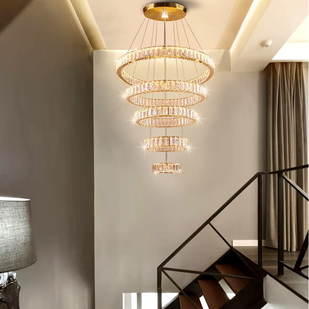 LED Luxury Large Crystal Chandelier, Modern Five Ring Chandelier With Adjustable Height Ceiling Light, Suitable For Bedrooms, Dining Rooms, And Kitchens