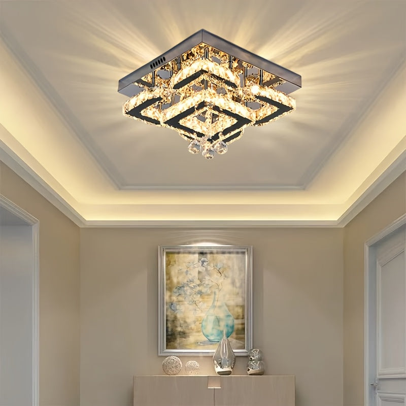 Modern Light Luxury Crystal Ceiling Lamp with a Square/Flower Shape, Featuring LED Three-Color Dimming, Suitable for Bedrooms, Living Rooms, Dining Rooms, Studies, Walk-In Closets, And Hallways. It Is Adaptable for Various In