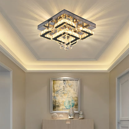 Modern Light Luxury Crystal Ceiling Lamp with a Square/Flower Shape, Featuring LED Three-Color Dimming, Suitable for Bedrooms, Living Rooms, Dining Rooms, Studies, Walk-In Closets, And Hallways. It Is Adaptable for Various In
