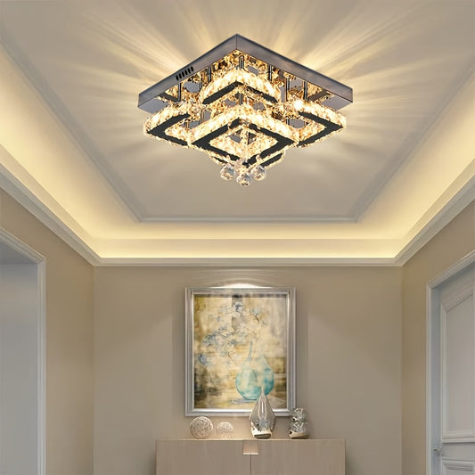 Modern Light Luxury Crystal Ceiling Lamp with a Square/Flower Shape, Featuring LED Three-Color Dimming, Suitable for Bedrooms, Living Rooms, Dining Rooms, Studies, Walk-In Closets, And Hallways. It Is Adaptable for Various In